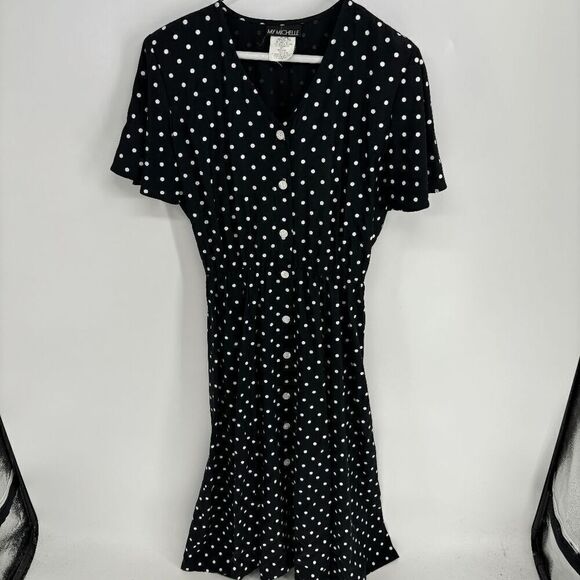 My Michelle Dresses & Skirts - My Michelle Maxi Womens Black White Vtg Polka Dot Short Sleeve button Dress 6p